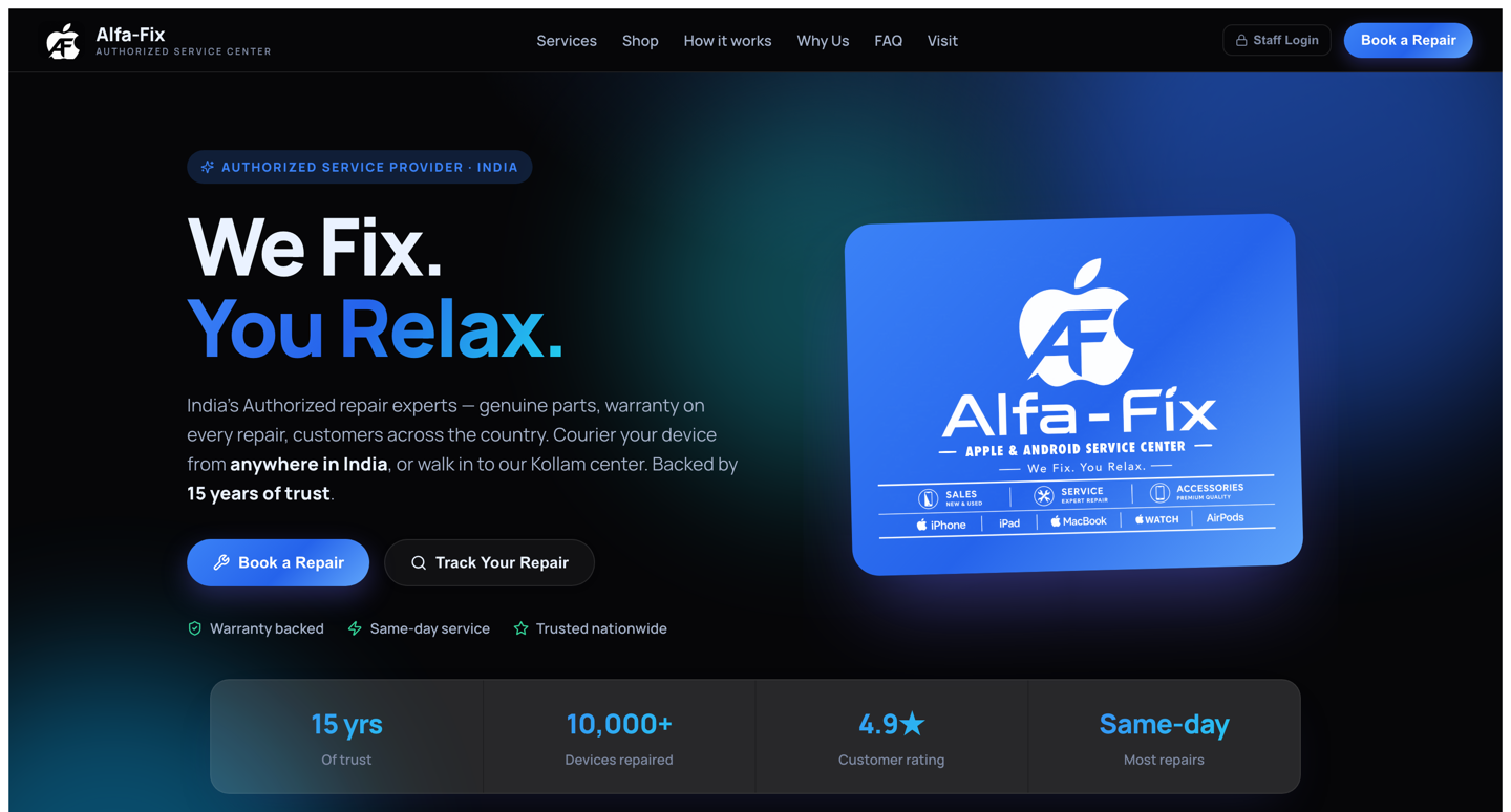 Alfa-Fix mobile and device repair website homepage, built by Alfa Decode