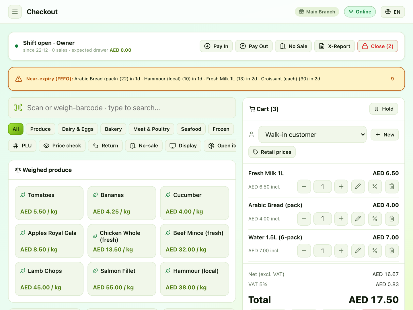 Alfa POS UAE supermarket checkout screen, an installable web app built by Alfa Decode