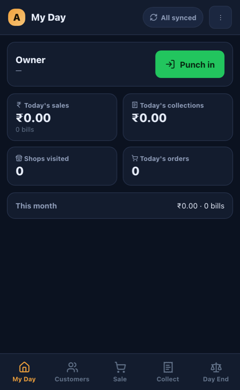 Alfa Trade salesman field app in Hindi, an offline-first installable web app built by Alfa Decode